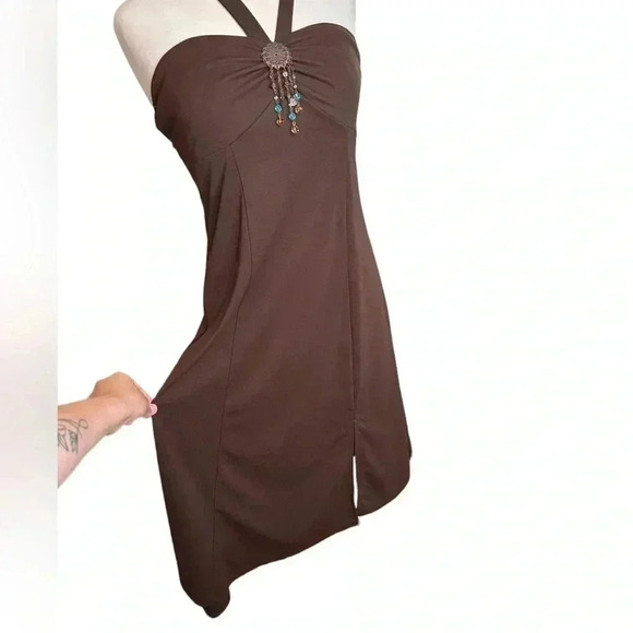 Vintage Y2K brown halter asymmetrical Bisou Bisou Size 12 dress beaded size 12 - Picture 2 of 7